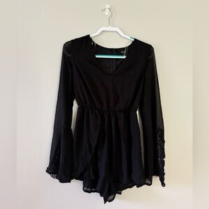 Black Long Sleeve Short Romper with Lace